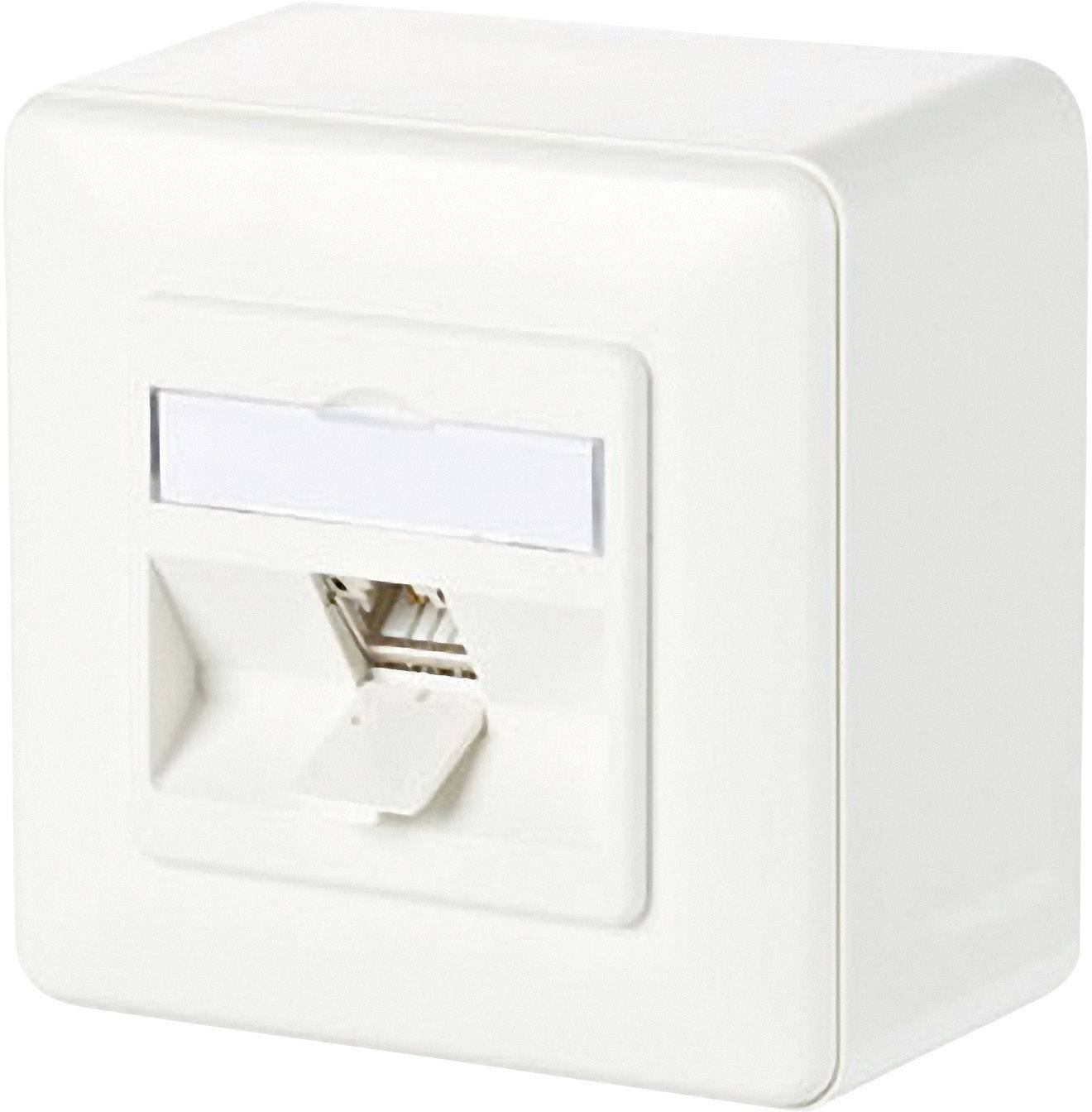 White Ethernet network socket mounted on a wall, with a flap covering the connection.