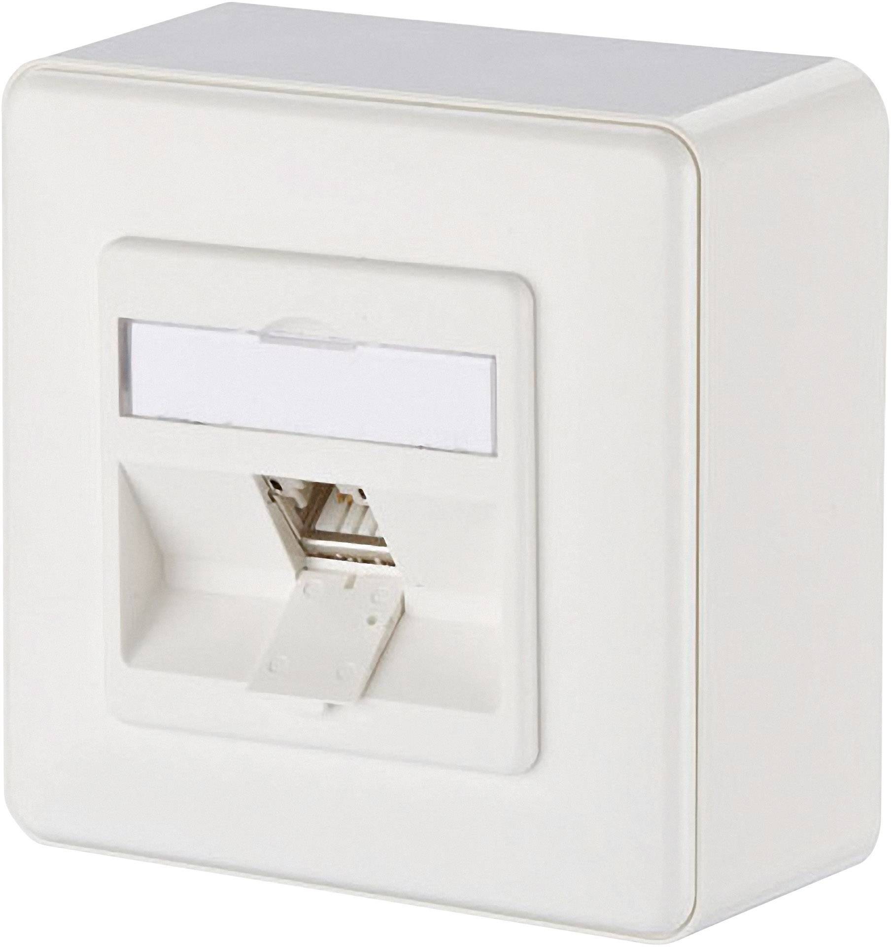 A white wall socket for a LAN cable, with a cover that opens downwards and exposes the connection.