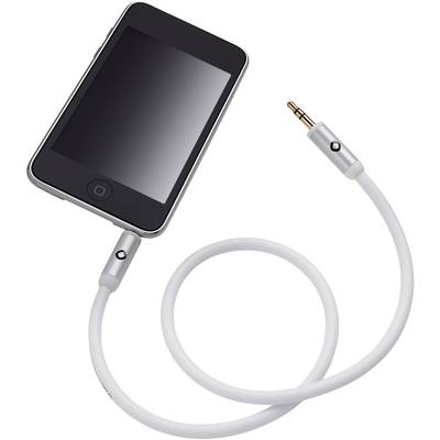 A smartphone with a curved screen is connected via a short, white audio cable with a plug.