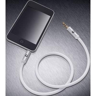 A black smartphone with a round button lies on a grey, metallic surface. It is connected with a white audio cable.