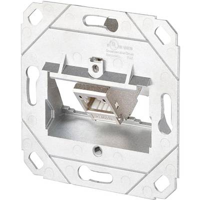 An empty, rectangular wall mount for electrical switches or sockets with multiple fixing holes on the sides.