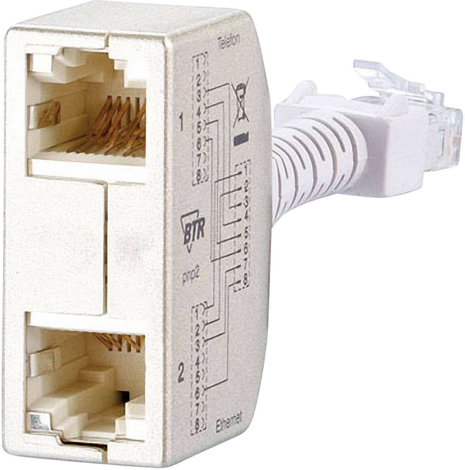 An ISDN adapter with two RJ-45 ports and labels for connecting a telephone and an Ethernet network.