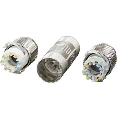 Two metal network plugs are shown: two with multi-coloured wire pairs and one as an adapter. They are intended for data connections.
