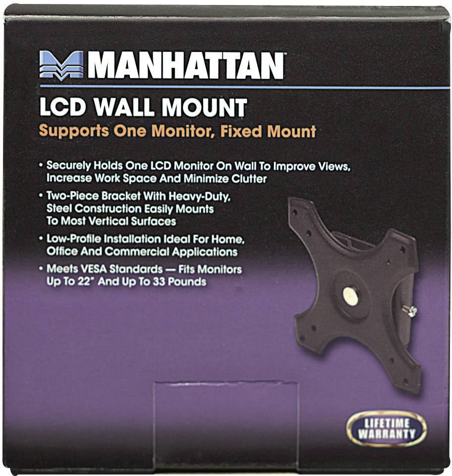 Manhattan LCD Wall Mount for a Monitor, Fixed Installation. Supports VESA Standards and Monitors up to 33 Pounds. Lifetime Warranty.