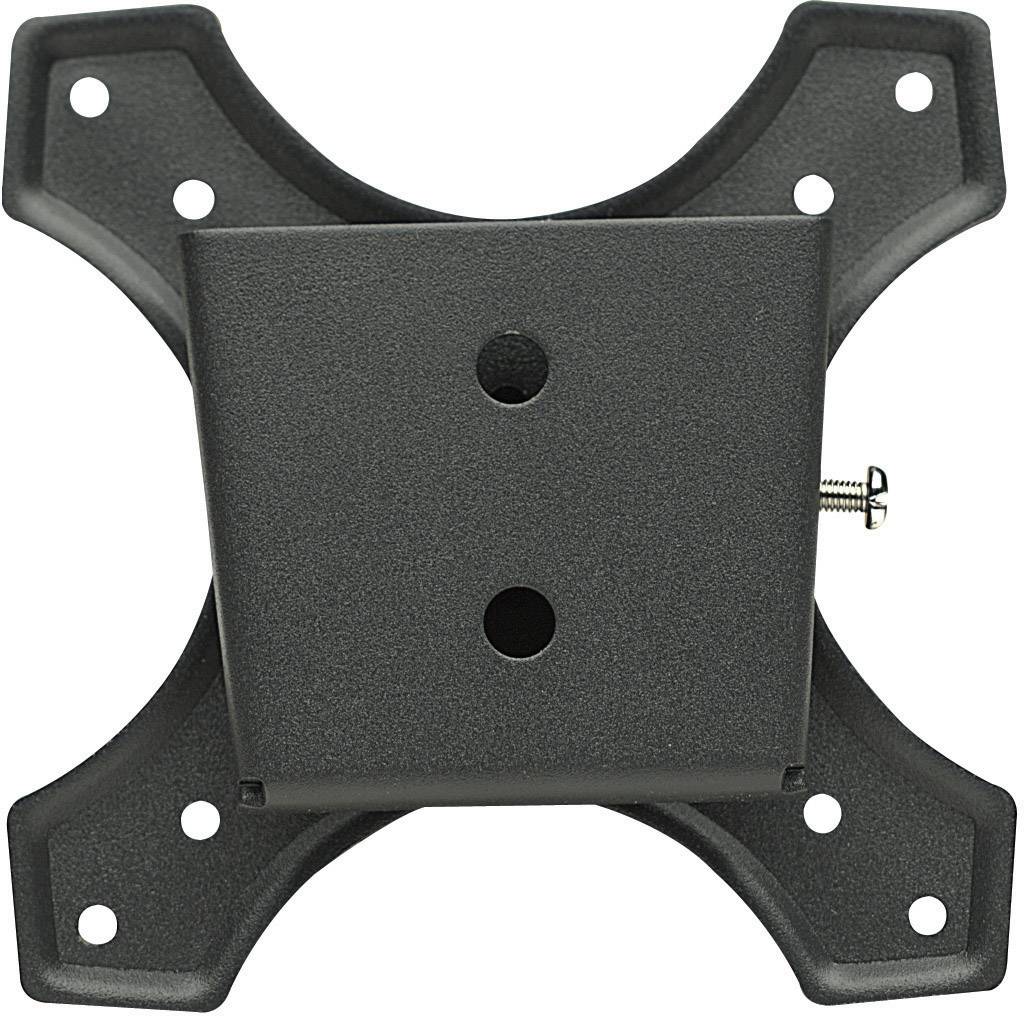 Black, square monitor mount with four mounting holes in the corners and a central screw insert.