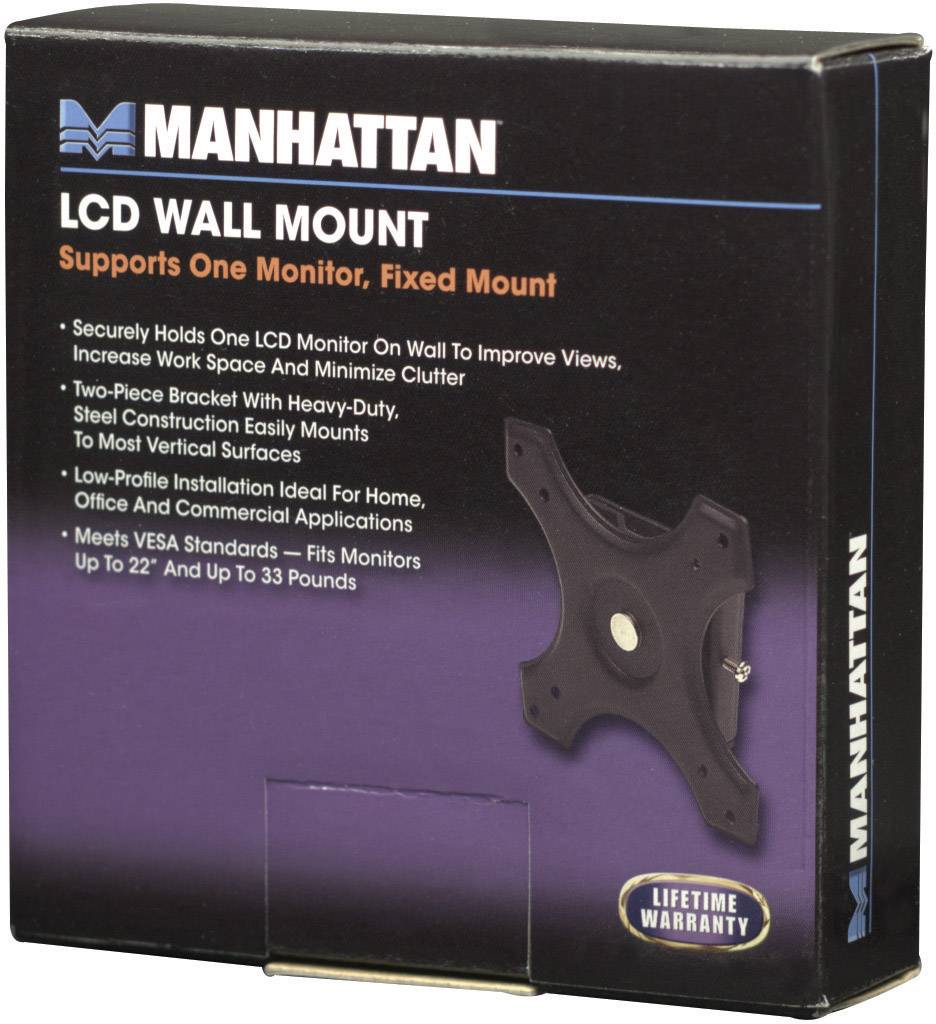 'Manhattan LCD Wall Mount' packaging with product image. Supports one monitor and complies with VESA standards. Lifetime warranty.