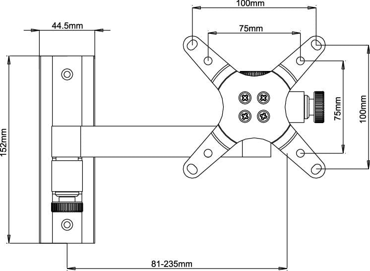 Black and white drawing of a monitor wall mount with dimensions in millimetres, including the length and width of the arms and mounting points.