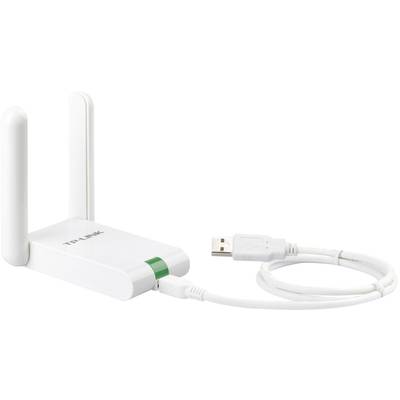 A white WLAN USB adapter with two aerials and a USB connection cable. The TP-LINK brand is printed on the device.