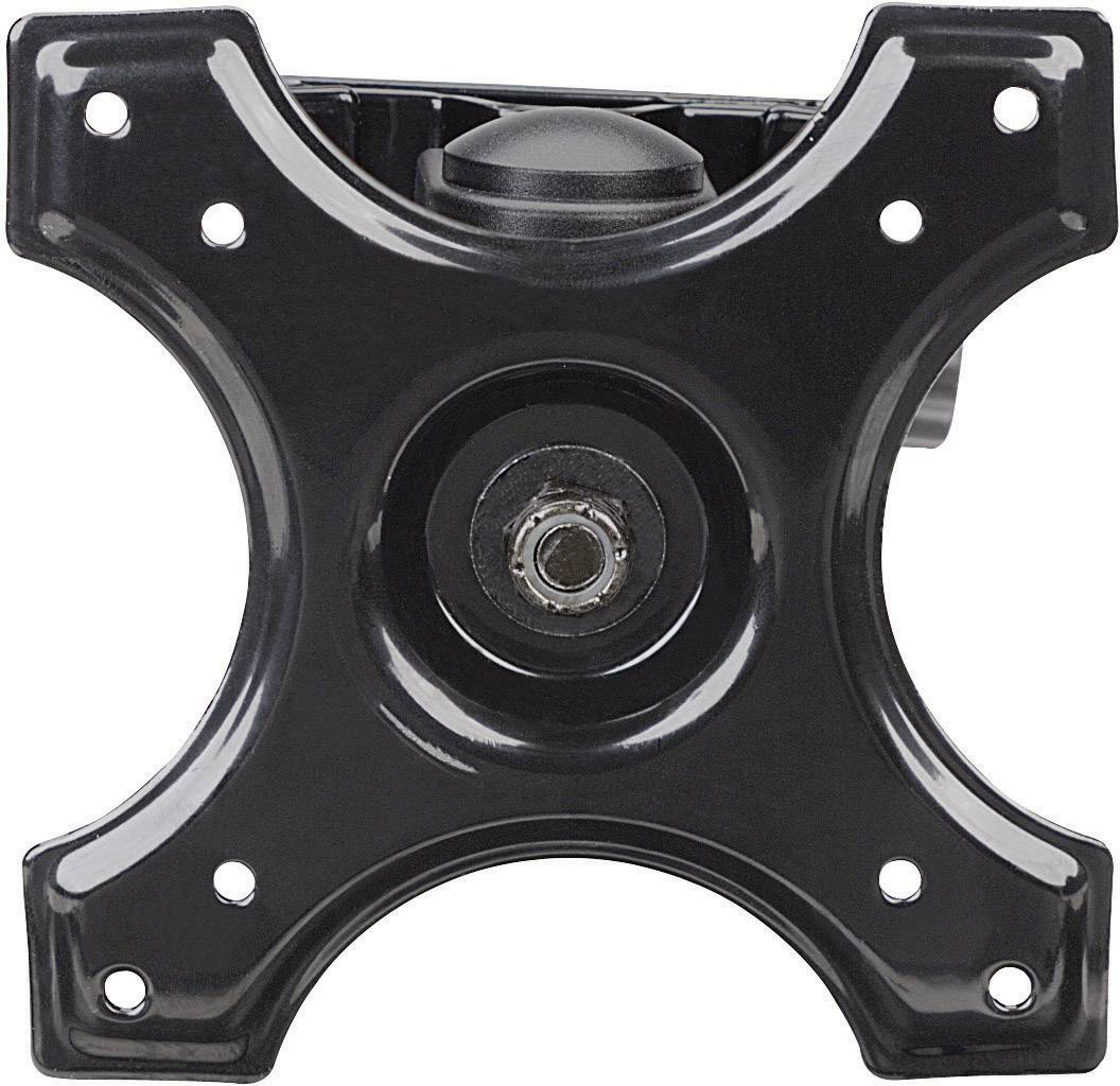 Black steel plate with a central pivot joint and four symmetrical mounting holes, commonly used for monitor or TV mounting.
