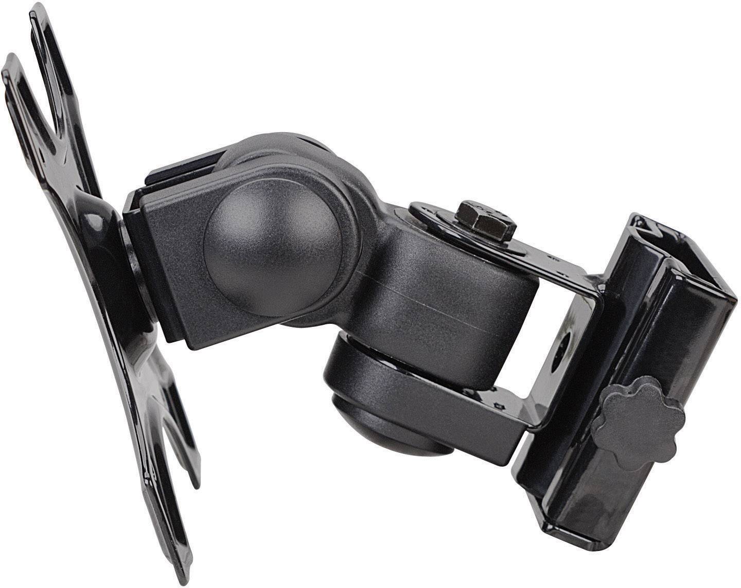 Black monitor mount with articulated arm, enabling flexible positioning and adjustment of a monitor on a wall or desk.