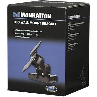 Packaging for a 'LCD Wall Mount Bracket' by MANHATTAN. Supports VESA-compatible mounting, up to 15 kg. Manual adjustment mechanism.
