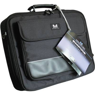 Black laptop bag with handle and front pocket, 'Manhattan' brand label on the front. Attached label with product information.