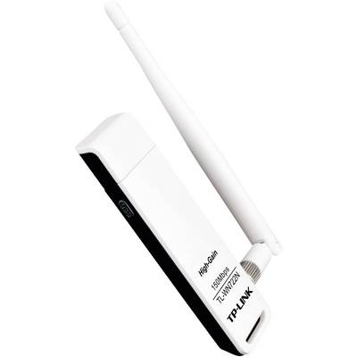 A white TP-Link Wi-Fi adapter with antenna, model 'HighGain 150Mbps TL-WN722N', for wireless network access.