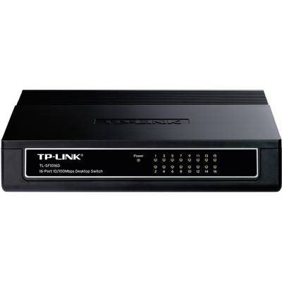 Black TP-Link Desktop Switch TL-SF1016D with 16 Ethernet ports, power LED and status LEDs for connection indicators on the front panel.