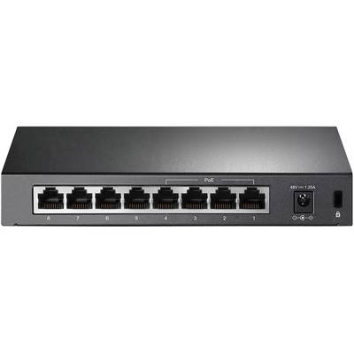 An 8-port PoE switch with Ethernet ports, suitable for powering and networking compatible devices.