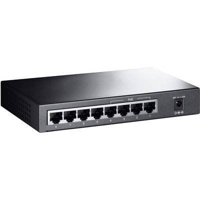 A black network switch with eight Ethernet ports, numbered from 1 to 8. On the right-hand side is a power connection.