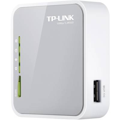 A white TP-Link 150Mbps TL-MR3020 Wi-Fi router with a side USB port and illuminated status indicators on the front panel.