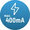 Blue circle with a white lightning symbol and the text 'max. 400 mA'.