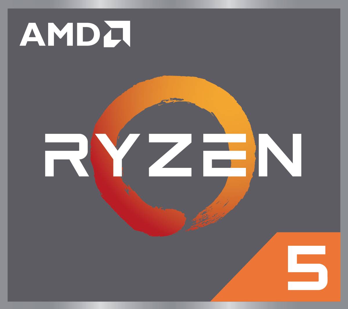 Logo: AMD Ryzen 5, grey-orange background with AMD logo in top left, orange '5' in bottom right, large 'RYZEN' lettering in the centre.