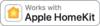 Black rectangle with white text 'Works with Apple HomeKit' and a stylised house icon on the left.