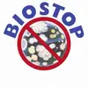 Logo with the inscription 'BIOSTOP' and a crossed-out representation of microbes, indicating protection or prevention.