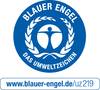 A circular logo with the inscription 'Blue Angel - The Environmental Label' shows a stylised little figure in blue with a laurel wreath.