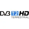 Logo with the words 'DVB T2 HD TERRESTRIAL', with 'T2' positioned in a blue rectangle.