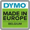 On the label, it reads 'DYMO', 'MADE IN EUROPE' and 'BELGIUM' on a green background with a grey border.