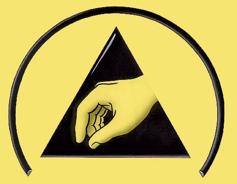 A stylised image of a hand holding a round shape within a black triangle on a yellow background.