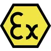 The image shows a yellow hexagonal sign with a black 'Ex' symbol, which indicates areas with explosion hazards.