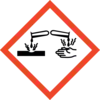 'GHS pictogram for corrosive substances' shows a chemical substance that attacks both a hand and a metal surface.