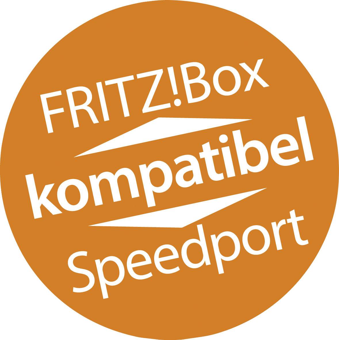 Orange circle with white text: 'Compatible with FRITZ!Box Speedport'