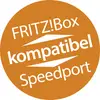 Orange circle with white text: 'Compatible with FRITZ!Box Speedport'