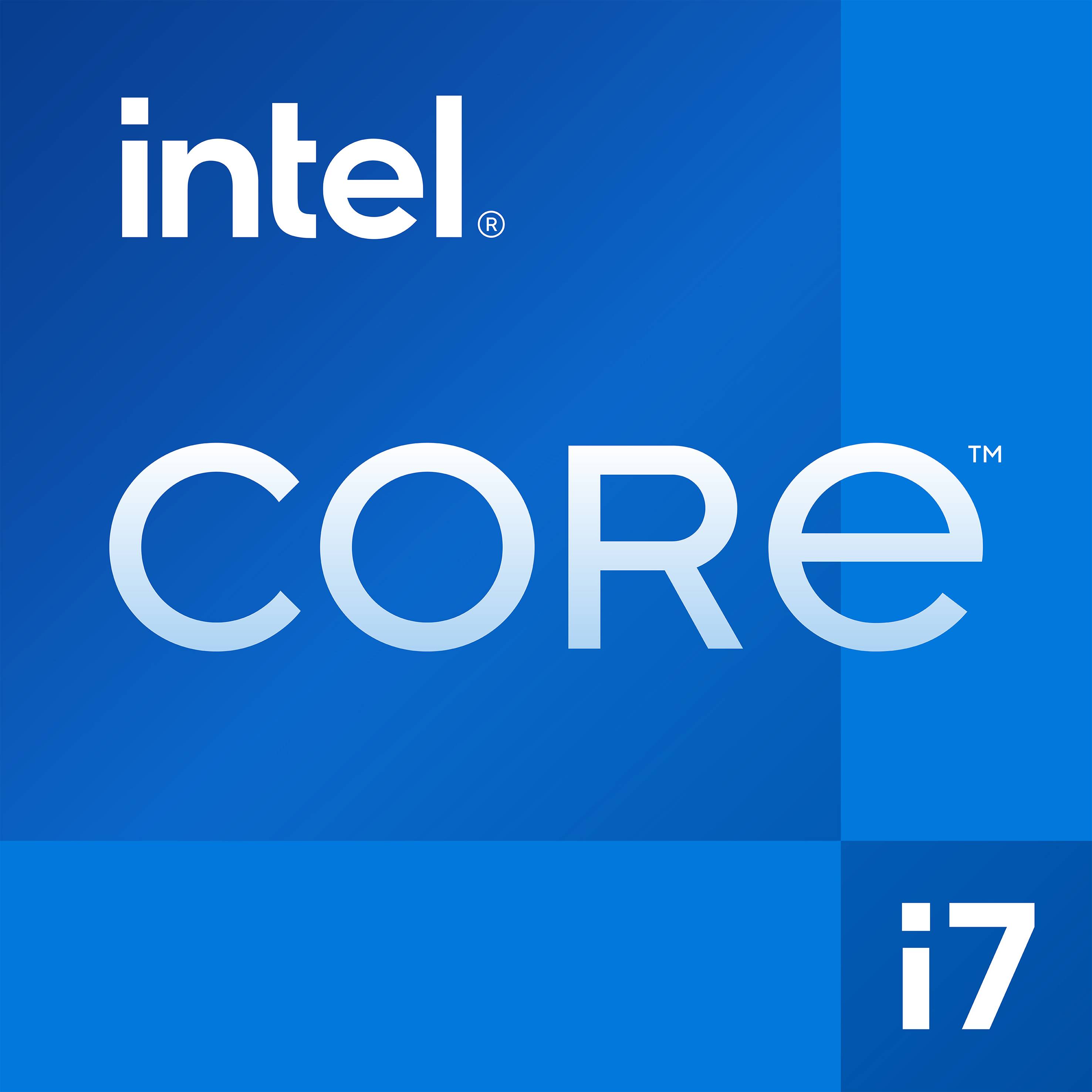 The image depicts an Intel logo with the inscription 'CORE' and 'i7', presented in stylised text on a blue background.