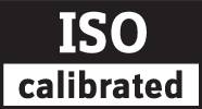 'ISO calibrated' text in black script on white background.