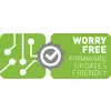 'Worry-Free Firmware Updates Friendly' sits beside a circuit symbol and a tick mark in a green design.