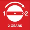 The image shows a white disc with a red arrow moving from 1 to 2 and the text '2 Gears'. It symbolises a gear change.
