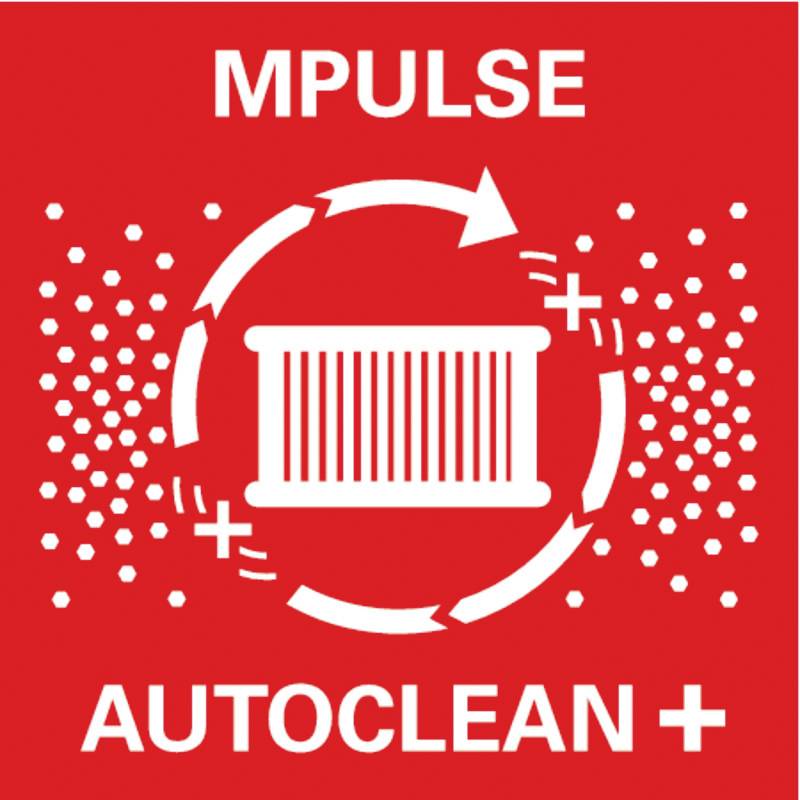 'MPULSE AUTOCLEAN +' in large letters, central filter symbol surrounded by arrows on a red background.