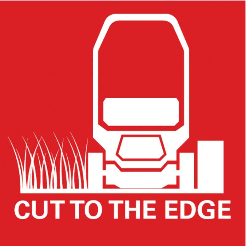 A lawnmower cuts grass, accompanied by the text 'CUT TO THE EDGE' underneath in white letters on a red background.
