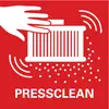 A white arrow points to a filter with dust falling out on a red background. Text: 'PRESSCLEAN'.