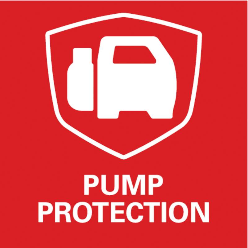 Red background with a white symbol of a pump protection device and the text 'PUMP PROTECTION'.