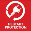 Red background with a white circular arrow; stylised plug in the centre. Underneath it reads 'Restart Protection'.
