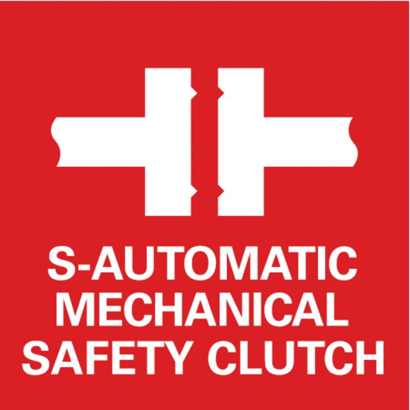 'Symbol of two interlocking gears above text: S-Automatic Mechanical Safety Clutch' on a red background.