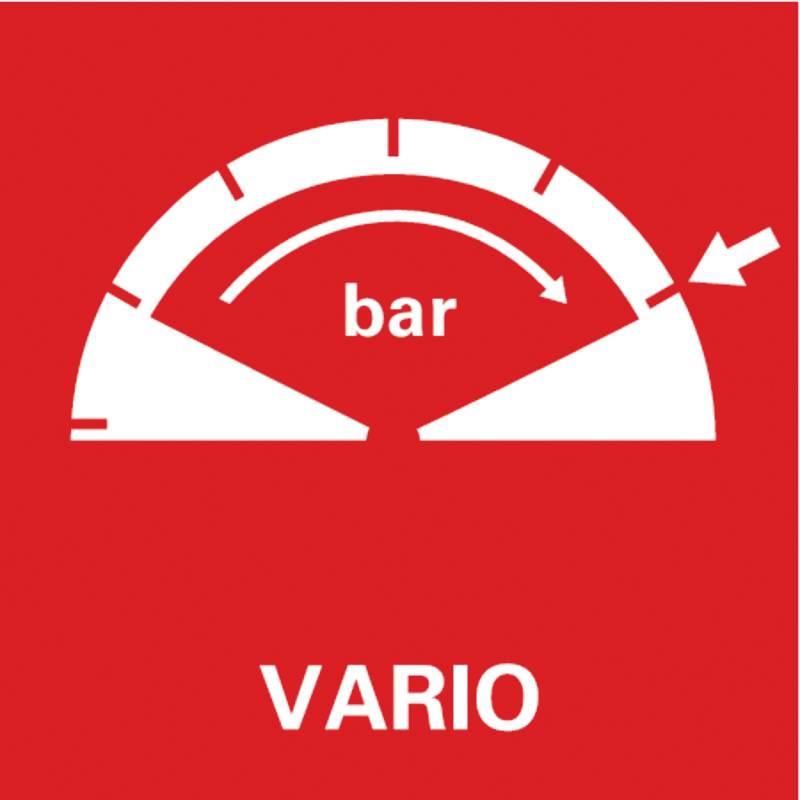 'Vario' logo with white measuring instrument on red background. Displays pressure in 'bar'.