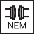 A logo featuring two stylised magnets facing each other, positioned above the text 'NEM'.