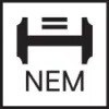 'NEM' logo with a stylised horizontal bar and two short vertical lines, representing the brand's immersive concept.