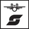 'A black logo with a stylised letter S. Above it is an emblem with wings and the letter sequence B.B.'