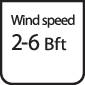 Sign reading 'Wind Force 2-6 bft', black text on white background.