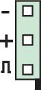 Green vertical rectangle with three black squares inside; a '+' and '-' sign to the left of it.