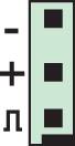 Green battery icon with three black blocks indicating energy level or charge status. Symmetrical lines on the left, possibly decorative.